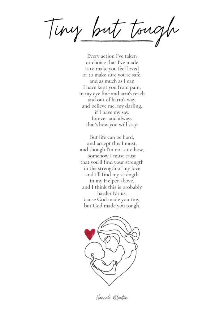 Image of digital print of Tiny but Tough poem, with line art of a mother and baby with a red heart between them